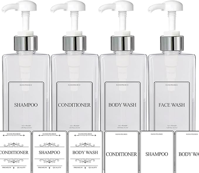 EZPRO USA Empty Plastic Square Bottles Pump Shampoo Conditioner Body Wash Face, in Shower Bathroom Dispenser, Waterproof Permanent Labels, 27oz 800ml Set of 4 (Clear Plastic, Silver White Pump)