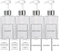 EZPRO USA Empty Plastic Square Bottles Pump Shampoo Conditioner Body Wash Face, in Shower Bathroom Dispenser, Waterproof Permanent Labels, 27oz 800ml Set of 4 (Clear Plastic, Silver White Pump)