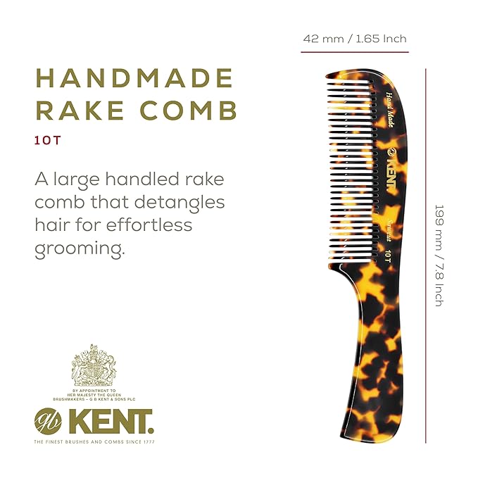 Kent 10T TY Large Handmade Wide-Tooth Detangling Rake Comb - Smooth and Comfortable for Curly, Wet or Dry, Thick Hair