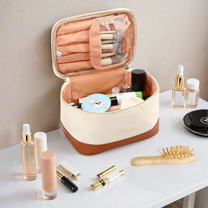 JINSI Small Makeup Bag Travel Cosmetic Bag Toiletry Zipper Pouch Make Up Organizer Bag with Handle Purse for Women Soft PU Leather Skincare Case (L01-Beige)