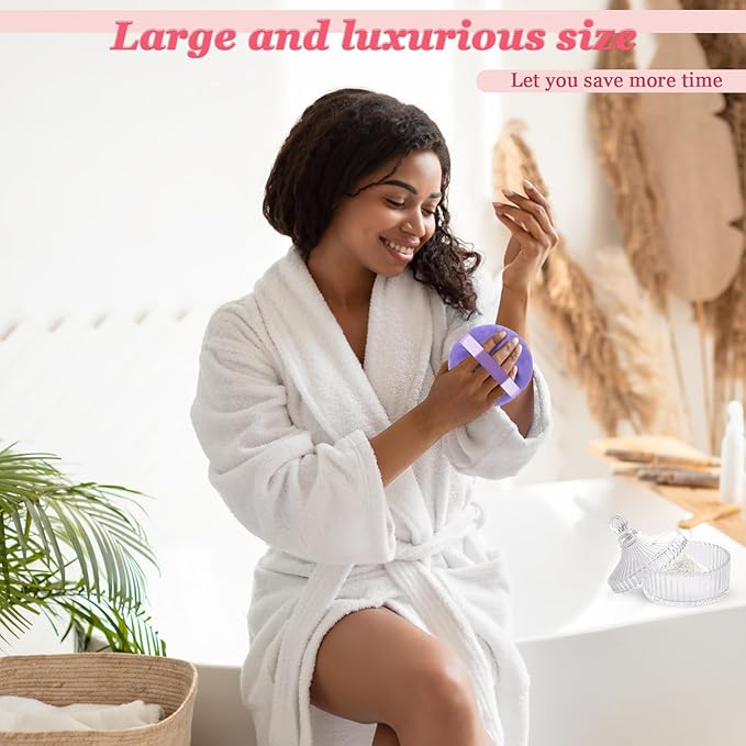 YINGMAN 3Pcs Extra Large Body Powder Puff & Luxury 6" Glass Jar Dusting Powder Container with Puff for Women Bath Powder Puffs Perfect for Talcum or Loose Powder (Light Purple)