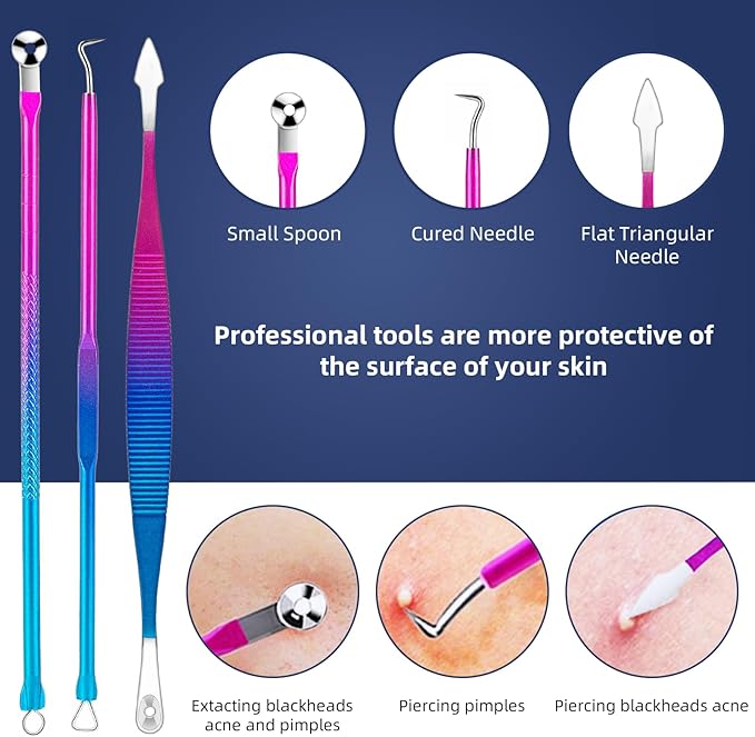 Pimple Popper Tool Kit - Ybaoo 10 Pcs Blackhead Remover Comedone Extractor Kit with Metal Case for Quick and Easy Removal of Blackheads, Zit Removing, Facial and Nose(Colorful)