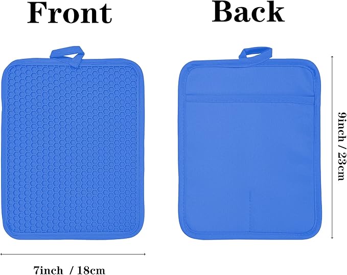 VEIKERY Oven Pot Holder with Pocket Cotton Heat Resistant Coaster Potholder Kitchen Hot Pad Oven Mitts for Cooking and Baking Square 7"x9" (Klein Blue, Silicone)