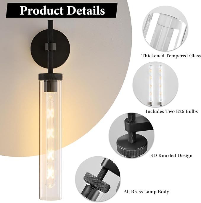 Brass Knurled Tube Wall Sconce - Set of 2 Luxury Modern Glass Sconces with Bulbs - Vertical Mounted Light Fixture - Black Dimmable Indoor Lighting for Vanity Bathroom Bedroom Living Room Hallway