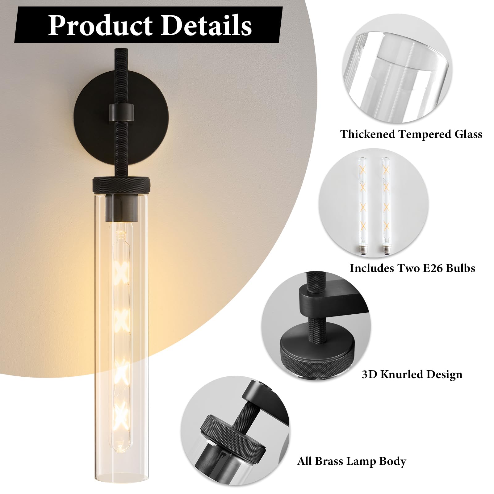 Brass Knurled Tube Wall Sconce: Set of 2 Modern Glass Sconces with Bulbs