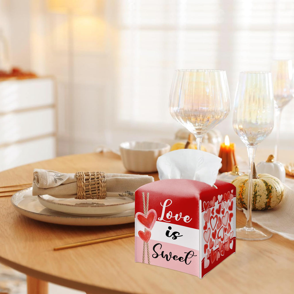 Happy Valentine's Day Red Heart Design Tissue Box Cover - Love Is Sweet PU Leather Waterproof Tissue Holder - Festival Facial Paper Organizer for Home Bathroom Office-Desk Decorative Dispenser Box-B09