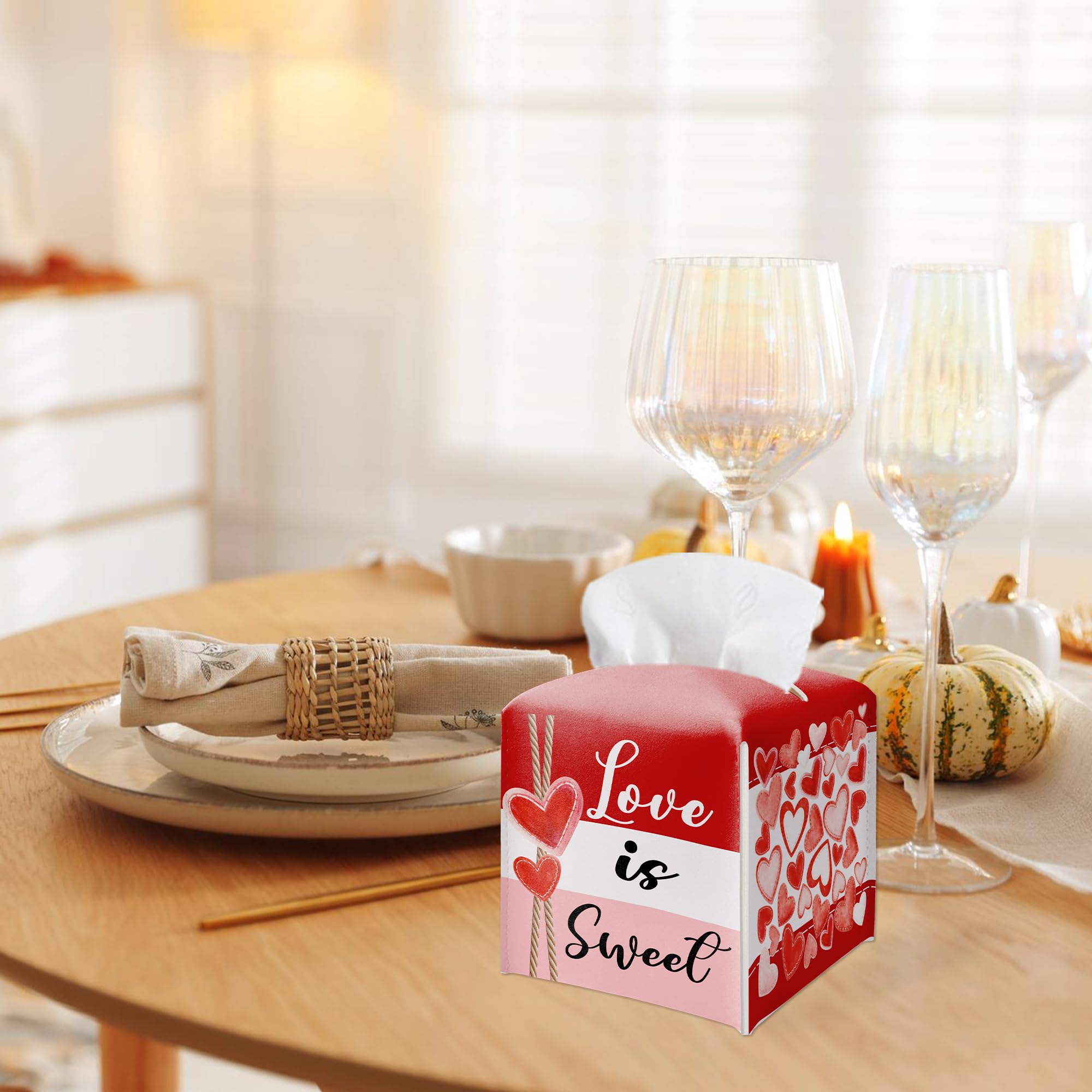 Happy Valentine's Day Red Heart Design Tissue Box Cover - Love Is Sweet PU Leather Waterproof Tissue Holder - Festival Facial Paper Organizer for Home Bathroom Office-Desk Decorative Dispenser Box-B09