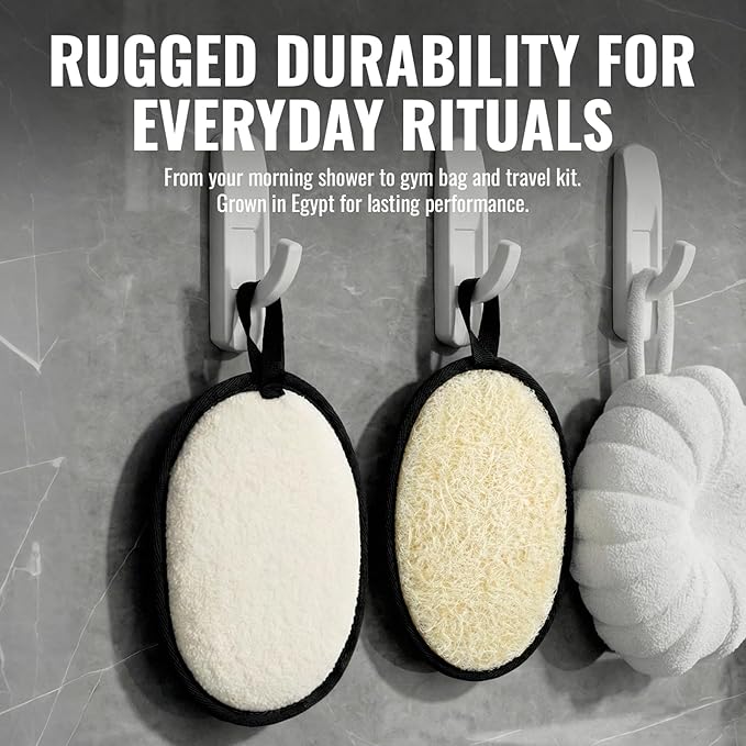 Natural Loofah for Men, 2PCS Black & White Set Egyptian Luffa Body Scrubber for Shower & Bath, Quick-Drying Exfoliating Sponge Pad for Men's Hygiene & Body Care - Travel Essentials & Gym Tool