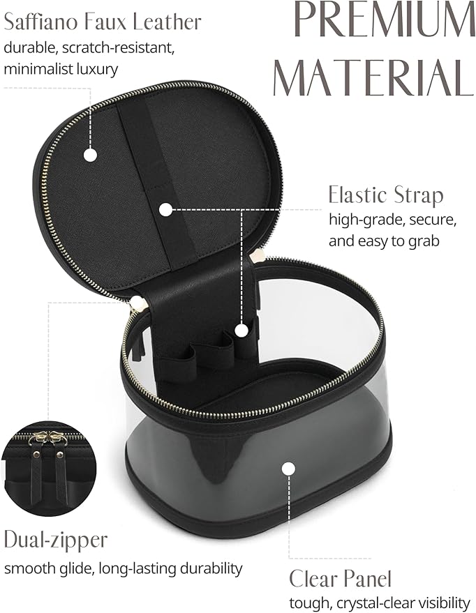 Popvibe Travel Makeup Bag Clear Compact Make Up Vanity Case with Brush Storage and Top Handle, Toiletry Makeup Case Traveling Leather Cosmetic Bag, Portable Medium Large Sized Train Case, Black