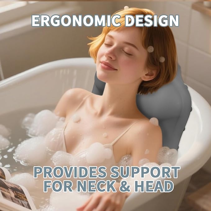 Silicone Bath Pillow for Tub – Ergonomic Bathtub Headrest with Inflatable Air Cushion, Non-Slip Suction Cups & Neck/Back Support – Comfortable Spa Bath Accessory for Relaxation (Grey)
