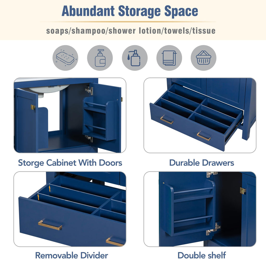 Bellemave 30" Bathroom Vanity with Sink Combo Set, Solid Wood Frame Bathroom Storage Cabinet with a Drawer, 2 Soft Closing Cabinet Doors with Organizer, Blue