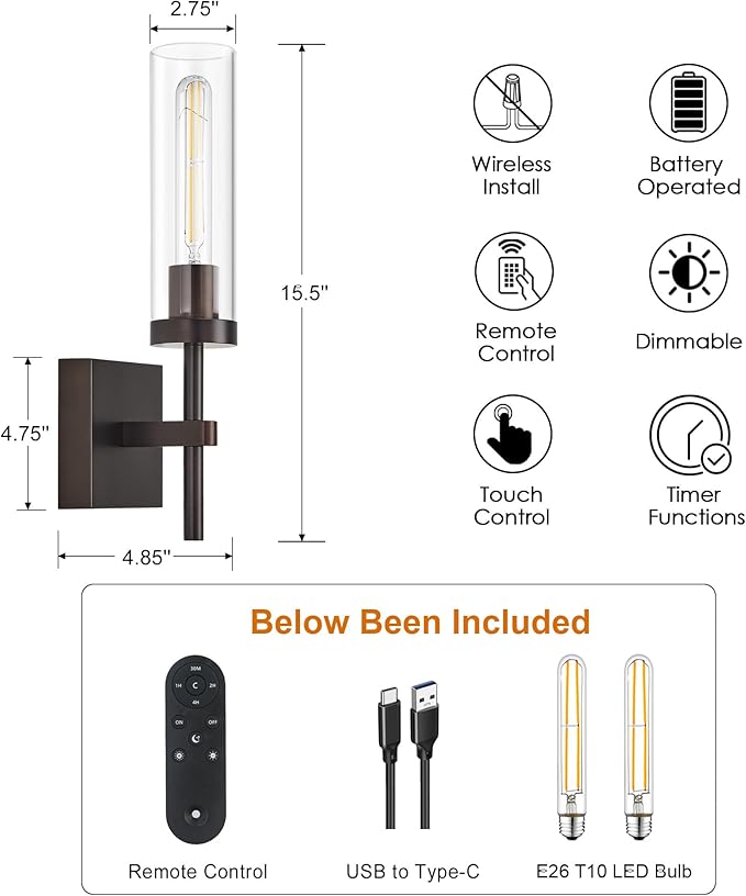 SANTOSTOCK Oil Rubbed Bronze Battery Operated Wall Sconces with Remote Control, Wireless Wall Sconce Set of 2, Rechargeable Cordless Wall Lights for Living Room Bathroom Hallway Entryway Stairwell