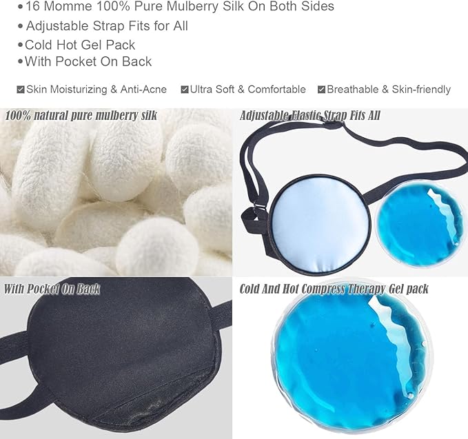 Cooling Eye Patches for Puffy Eyes, Pure Silk Ice Eye Patch, Single Eye Mask, Medical One Eye Cover Cold Hot Therapy Strabismus Lazy Eyes After Surgery Adult Kid Pirate Eyepatch (Blue)