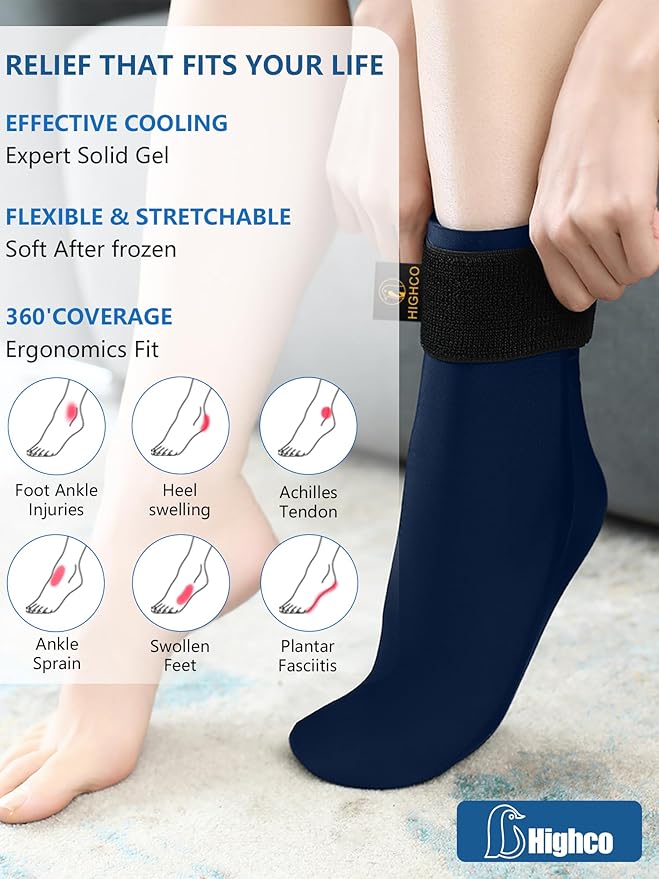 highco Ankle Ice Pack Wrap for Swelling and Injuries Recovery,Cooling Ice Sock for Foot,Ice Pack for Ankle Compression,Plantar Fasciitis & Achilles Tendonitis Relief,Navy Blue