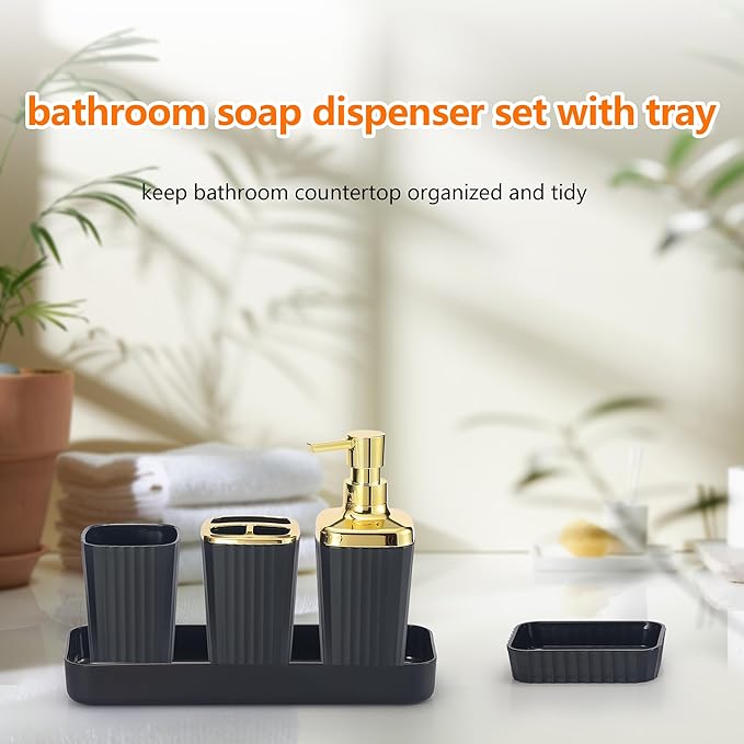Bathroom Accessory Set,9 Pieces Black Bathroom Accessory Set with Toothbrush Holder, Trash Can, Lotion Soap Dispenser, Toothbrush Cup, Vanity Tray, Soap Dish, Toilet Brush, Qtip Holder