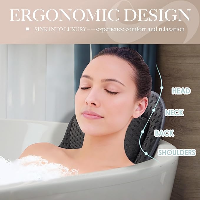 Joeyset Bath Pillow for Tub, 4D Air Mesh Breathable Fabric, Soft Supportive Bathtub Cushion for Head Neck Back, Ergonomic Spa Pillow with Strong Suction Cups, Quick-Drying, Machine Washable (Gray)