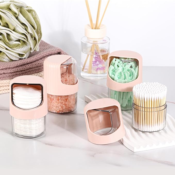 Tbestmax 4 Pack Rotating Qtip Holder Dispenser for Cotton Swabs, Makeup & Hair Accessories, Vanity Organizer with Canisters for Floss Picks, Cotton Balls, Bathroom Essentials Accessories Decor,Pink