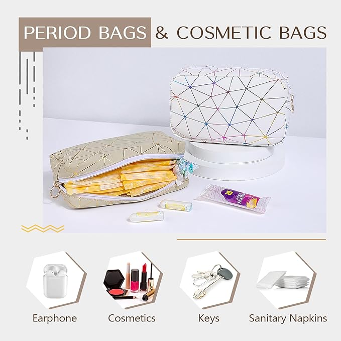 Period Bag for Girls Womens, Leather Sanitary Napkin Storage Bag, Portable Menstrual Pad Bag Period Pads Pouch (Beige Gold)