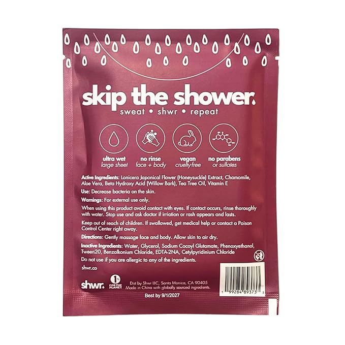 Shwr, Shower Sheet Body Wipes, Individually Wrapped, Extra Large 12"x12", Pack of 10, for Gym Bag or Day Pack