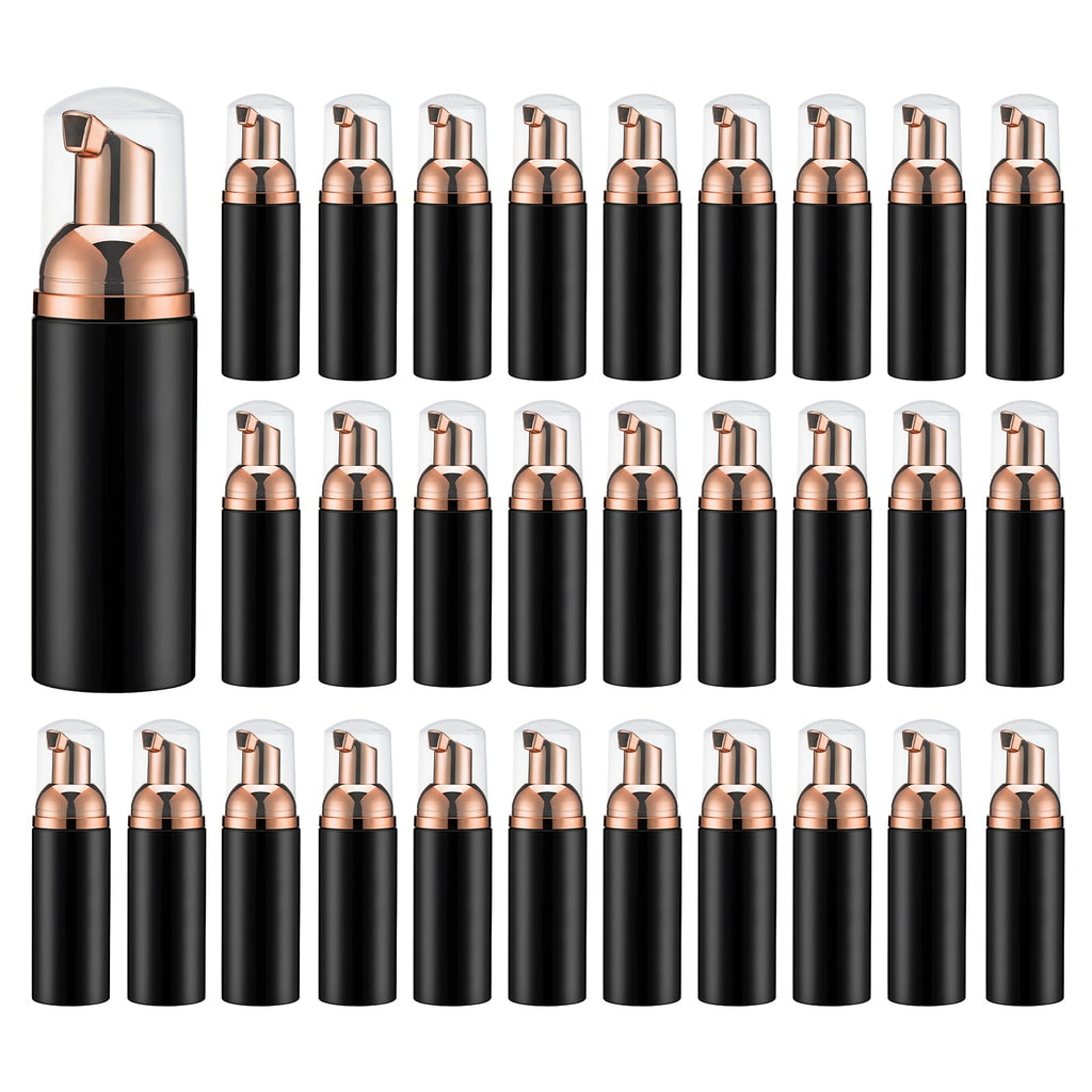 Owlyee Travel Foam Pump Bottle - 2oz Small Size Foaming Hand Soap Dispenser - Mini Portable Mousse Lash Shampoo Kit Container for Hair - Empty Leak Proof Plastic Rose Gold &Black Foamer 30Pack