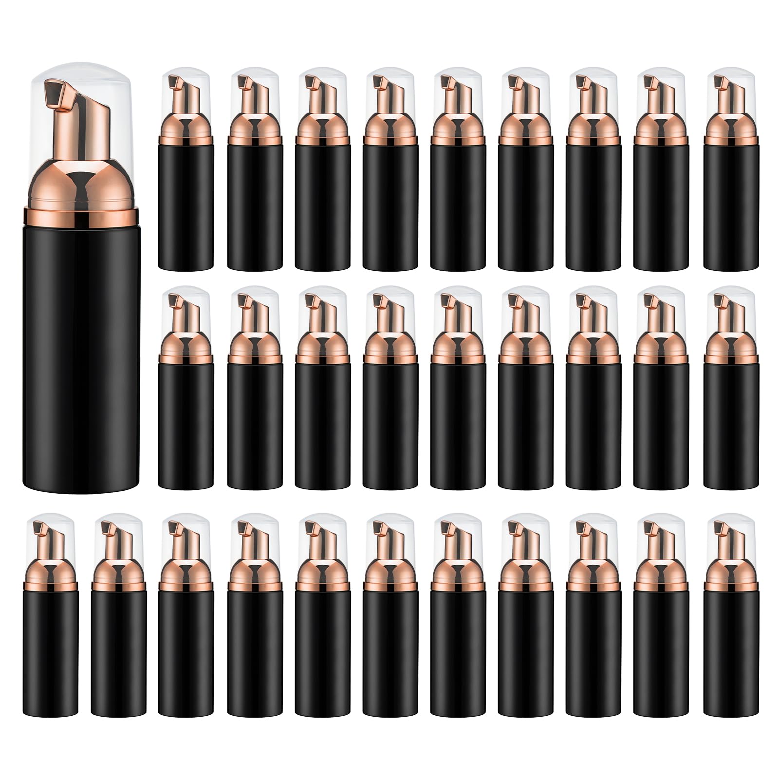 Owlyee Travel Foam Pump Bottle - 2oz Small Size Foaming Hand Soap Dispenser - Mini Portable Mousse Lash Shampoo Kit Container for Hair - Empty Leak Proof Plastic Rose Gold &Black Foamer 30Pack