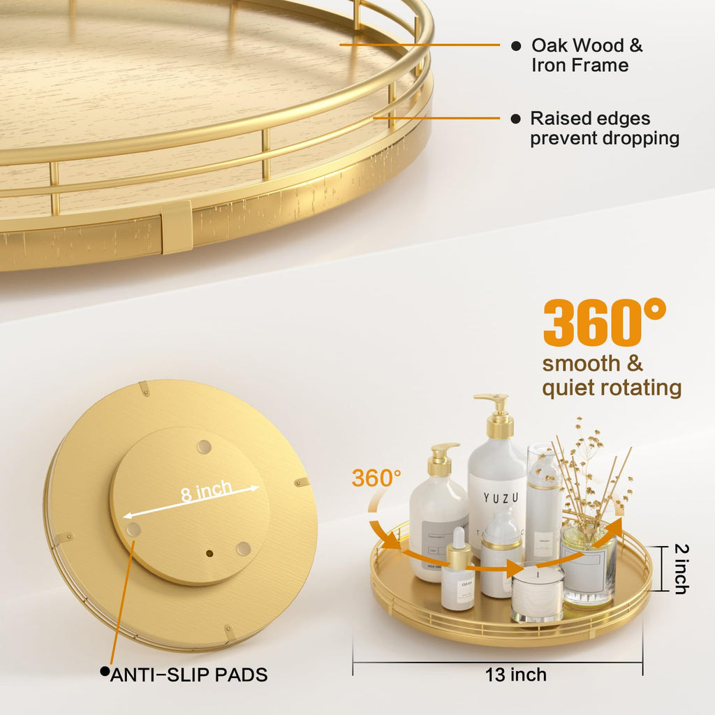 Oroyutor 13-Inch Oak Lazy Susan Decorative Tray with Gold Metal Rail