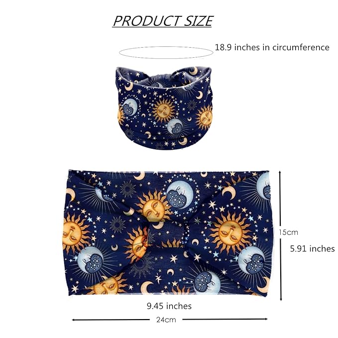 Women Headbands Stars Moon Wide Knotted Headband Non Slip Wraps Elastic Yoga Turban Fashion Hair Bands Soft Hair Wrap Hair Accessories for Girls Pack of 4 (Star Moon)
