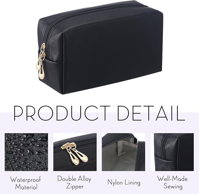 Kigeli Aesthetic Makeup Bags PU Leather Cosmetic Pouches Waterproof Plain Toiletry Bags Makeup Pouches Bulk for Women Party Gift Travel Storage Organizer(Black,7.1 x 2.8 x 4.3 in)