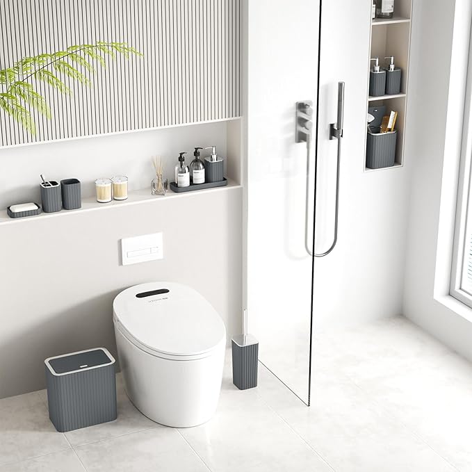 InnJoey Bathroom Accessory Set - Bathroom Set, 12PC Bathroom Accessories Set, Grey Bathroom Accessories Set, Mini Trash Can, Toilet Brush, Trash Can & Soap Dispenser