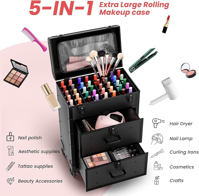 ALUROICE Large Rolling Makeup Train Case, Professional Travel Cosmetology Case on Wheels with Drawers, 3 Tiers Nail Organizers Storage Case for Nail Tech, Tattoo, Hairstylist, Makeup, Large