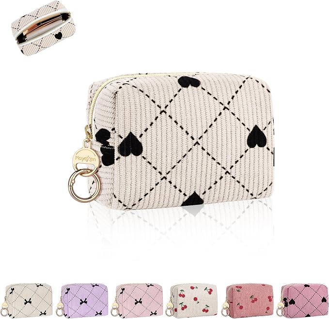 Playexen Mini Cosmetic Bag, Corduroy Small Makeup Bag for Purse, H-Beige
