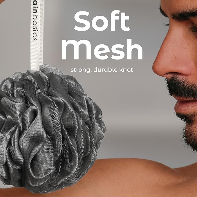 MainBasics Shower Loofah Sponge Pouf, Set of 3, Charcoal Infused