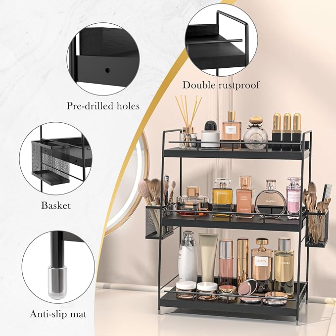 BSTSLL Bathroom Counter Organizer,Bathroom Countertop Organizer with Baskets,Vanity Organizers,Counter Shelf,Countertop Storage, Makeup Organizers(Black)