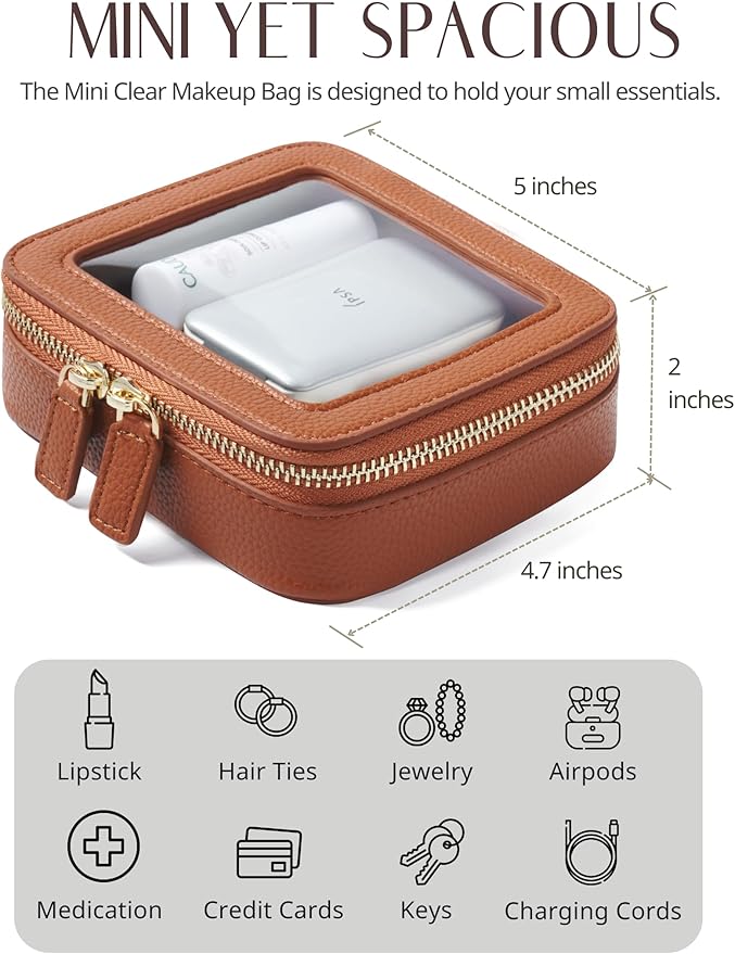 Popvibe Clear Makeup Case Toiletry Bag Travel Medium Clear Cosmetic Bag with Zipper, Make Up Bag Organizer Traveling TSA Approved Transparent Bag Car for Essentials, Mini & Medium, Brown