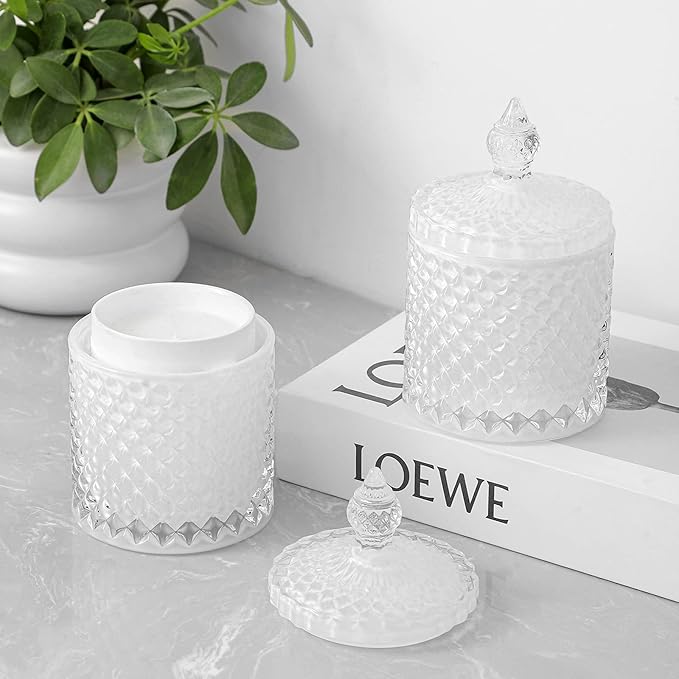 2 Pack Qtip Holder Apothecary Jars with Lid, Thick Glass, White