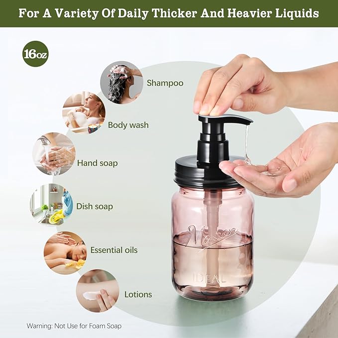 Amolliar 16 Oz Plastic Soap Dispenser, Refillable Hand Dish Soap Dispenser - Vintage Rose Bottle with Black Pump Lids, for Farmhouse Bathroom Kitchen, Includes 2 Extra Pump & Waterproof Label (2 Pack)