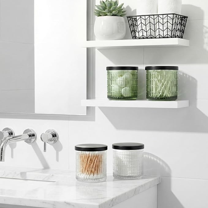 Bathroom Storage Organizer - 2 Pack Glass Qtip Holder Dispenser, Vanity Organizer, Bathroom Essentials Decor Canister for Cotton Swabs, Cotton Balls, Pads, Floss Picks (Green)