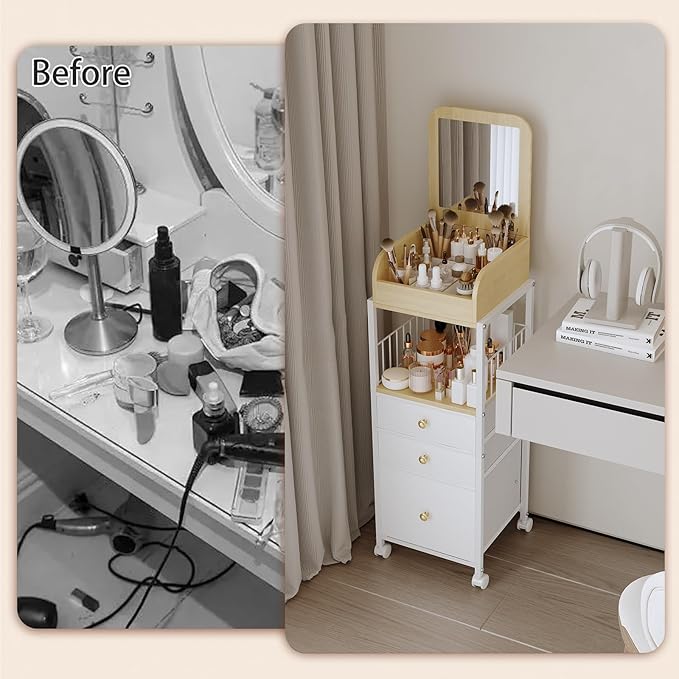 Makeup Cart Organizer with Mirror-Floor Makeup Organizer Cart with Drawers