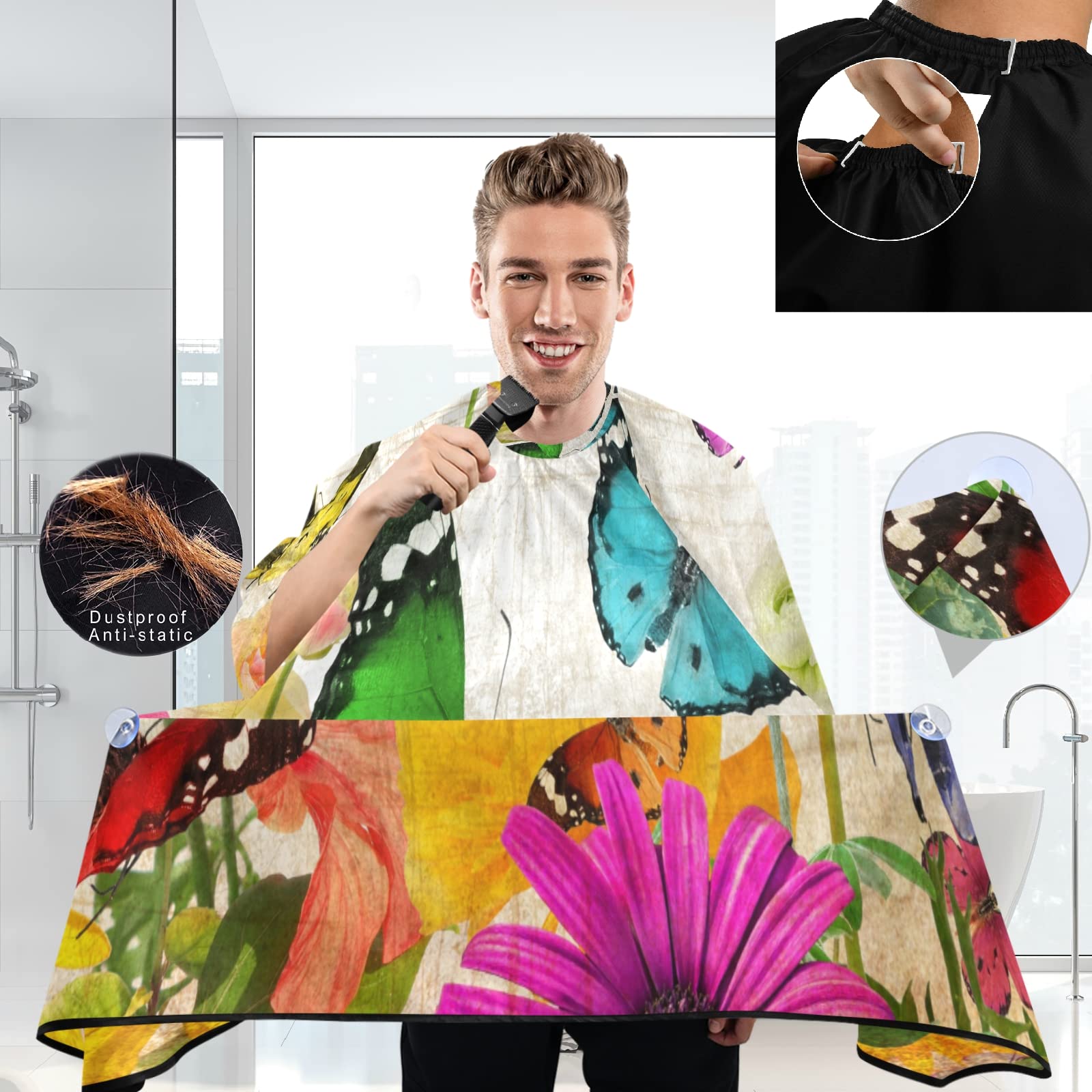 visesunny Barber Cape Abstract Vintage Flower Butterfly Polyester Hair Cutting Salon Cape Apron Anti-Static Haircut Water-Resistant Shaving Cloth Beard Shaving Bib Hairdressing Cape