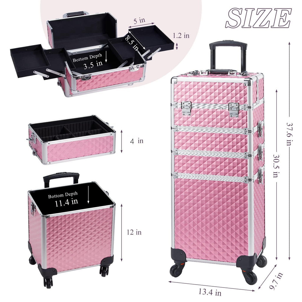Adazzo 4 in 1 Rolling Makeup Trolley Train Case Cosmetic Suitcase, Box for Makeup Artist, Hairstylists, Nail Tech Students Barber Case with Keys Swivel Wheels - Shiny Pink