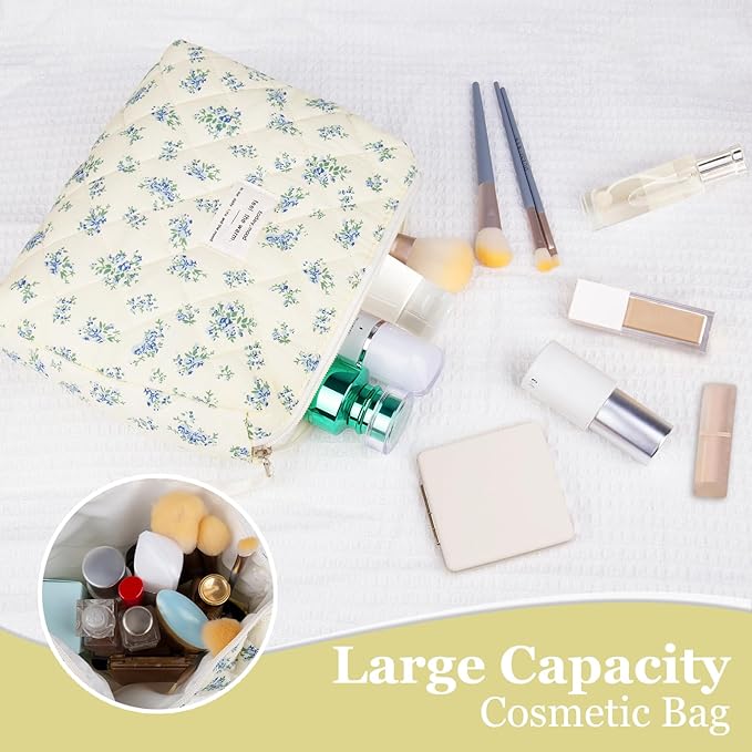 Gosect Floral Makeup Bag, Small Cosmetic Bag for Women Girls, Cute Cotton Makeup Bag, Quilted Makeup Bags, Flower Travel Toiletry Organizer Bag(LSHH)