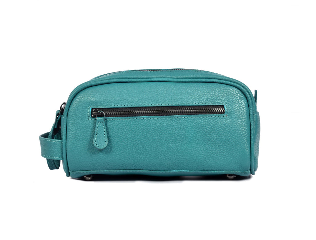 10" Premium Leather Toiletry Travel Pouch With Waterproof Lining | King-Size Handcrafted Vintage Dopp kit By Aaron Leather Goods (Steel Blue)