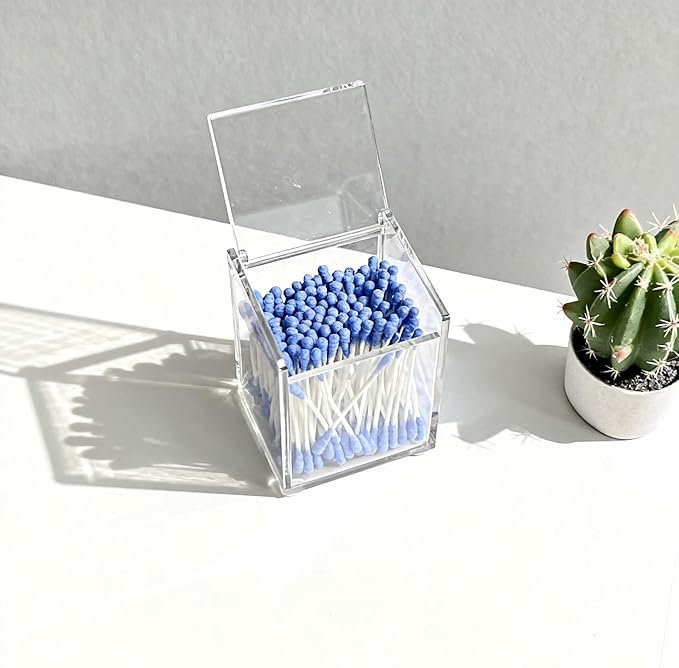 Dealpoli Clear Acrylic Qtip Holder with Lid, Cotton Balls Swab Organizer, 2.95" x 2.56" x 3.94" Dispenser for Makeup Pad, Floss Picks, Bath Salts, Cosmetic Storage Case, Home Bathroom Decor (DP058)
