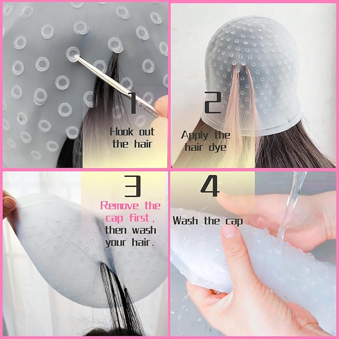 Highlighting Cap Silicone Hair Highlighting Kit Reusable Highlights Hair Dye Kit with 2 Hair Coloring Brush for Color Hair Salon Hairdressing Dyeing Staining Tools