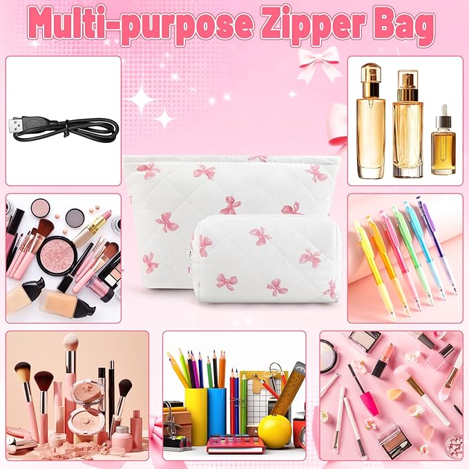 Lestp 2Pcs Small Makeup Bag Quilted Cosmetic Bag Flower Pencil Case Travel Makeup Bag Set for Women Cute Cosmetic Pouch Aesthetic Cotton Toiletry Organizer Storage Bags Puffy Zipper Pouch D