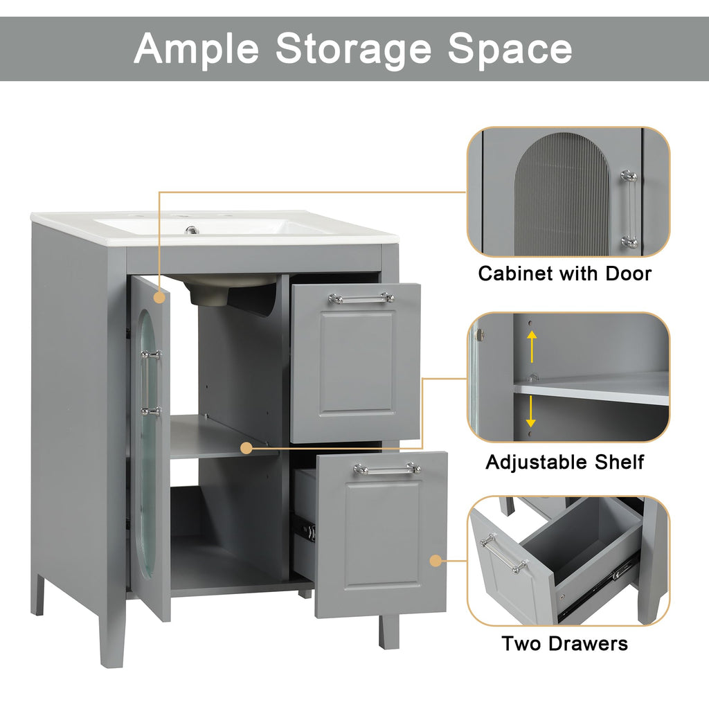 Harper & Bright Designs 24" Bathroom Vanity with Sink, Free Standing Single Basin Vanity Set with Two Drawers and Glass Door, Modern Wooden Bathroom Cabinet with Ceramic Basin for Bathroom, Grey