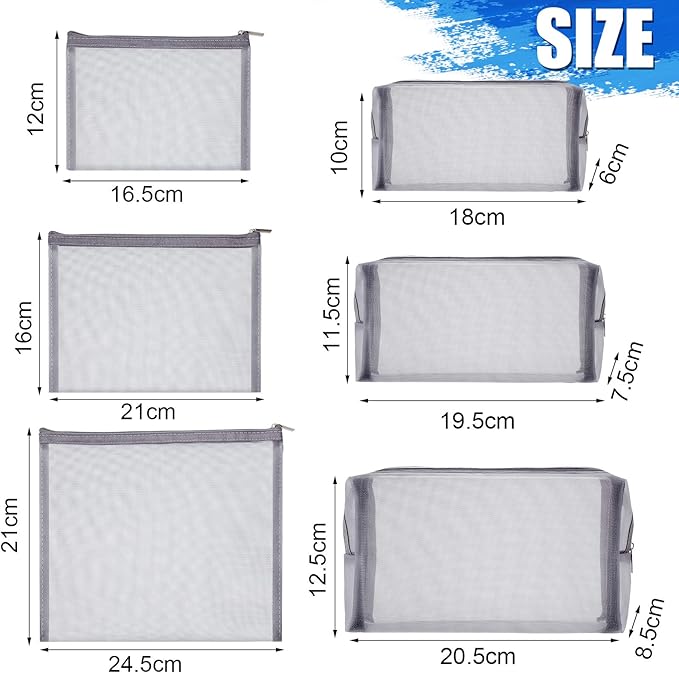 Boao 6 Pieces Mesh Makeup Bags Mesh Cosmetic Bag Portable Travel Organizing Zipper Pouch Toiletries Makeup Pouches for Home Office Travel Accessories(Gray)