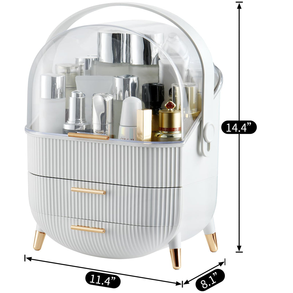 CANITORON Makeup Organizer,Skincare Organizer with 2 Drawers and Transparent Cover,Cosmetic Display Case for Vanity Organizer and Bathroom Countertop Storage.(White)