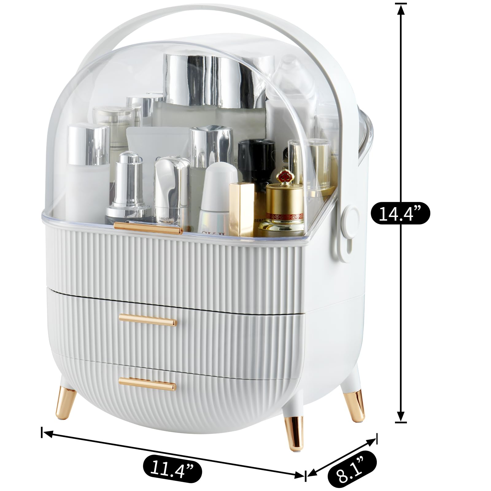 CANITORON Makeup Organizer,Skincare Organizer with 2 Drawers and Transparent Cover,Cosmetic Display Case for Vanity Organizer and Bathroom Countertop Storage.(White)