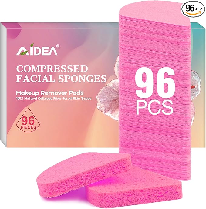 AIDEA Compressed Facial Sponges Pink, 96Count, Disposable Face Sponges, 100% Natural Cellulose Cosmetic Spa Sponge for Facial Cleansing, Exfoliating Mask, Makeup Removal